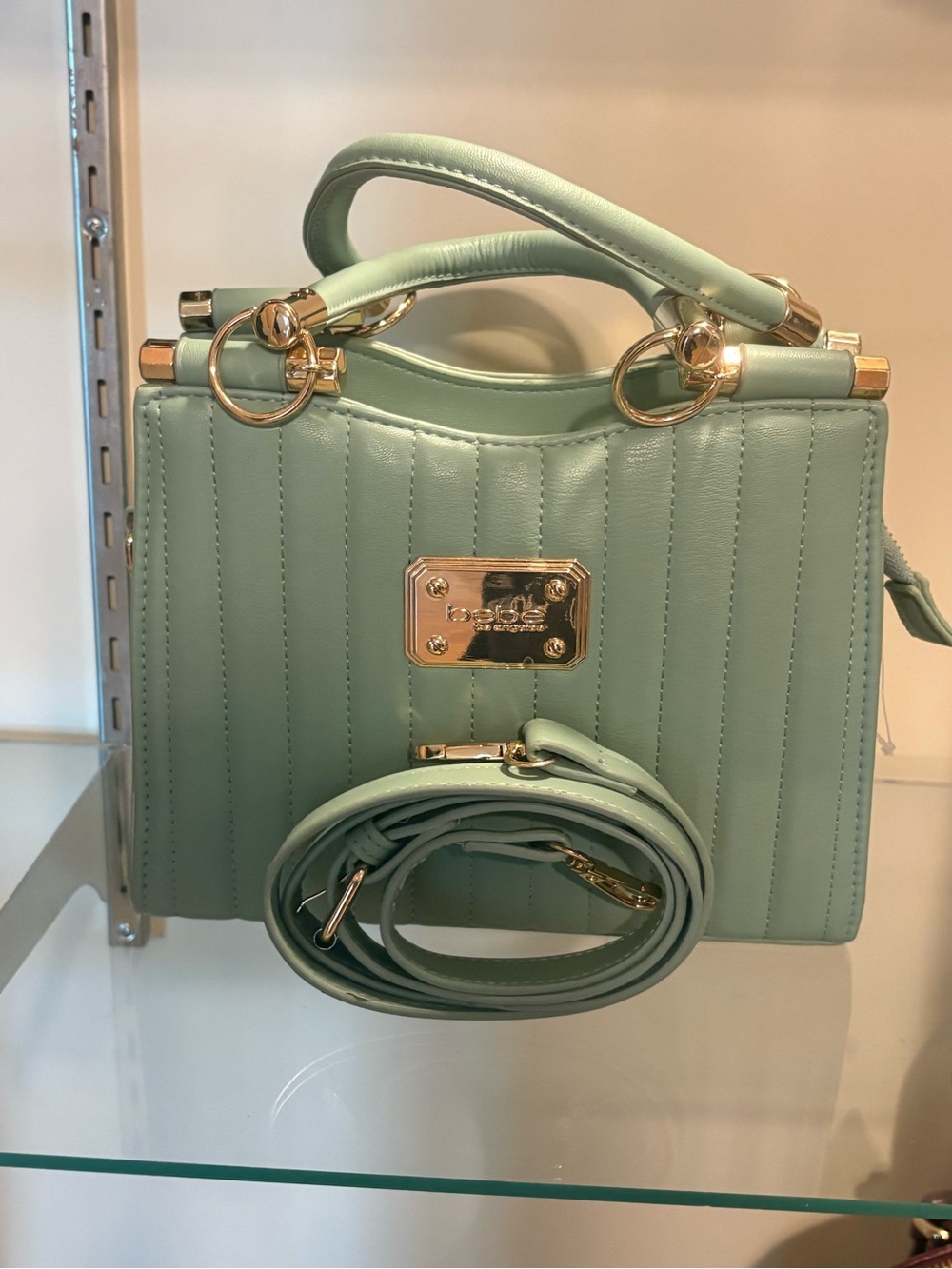 bebe Quilted Mint Green Top-Handle Satchel with Gold Hardware